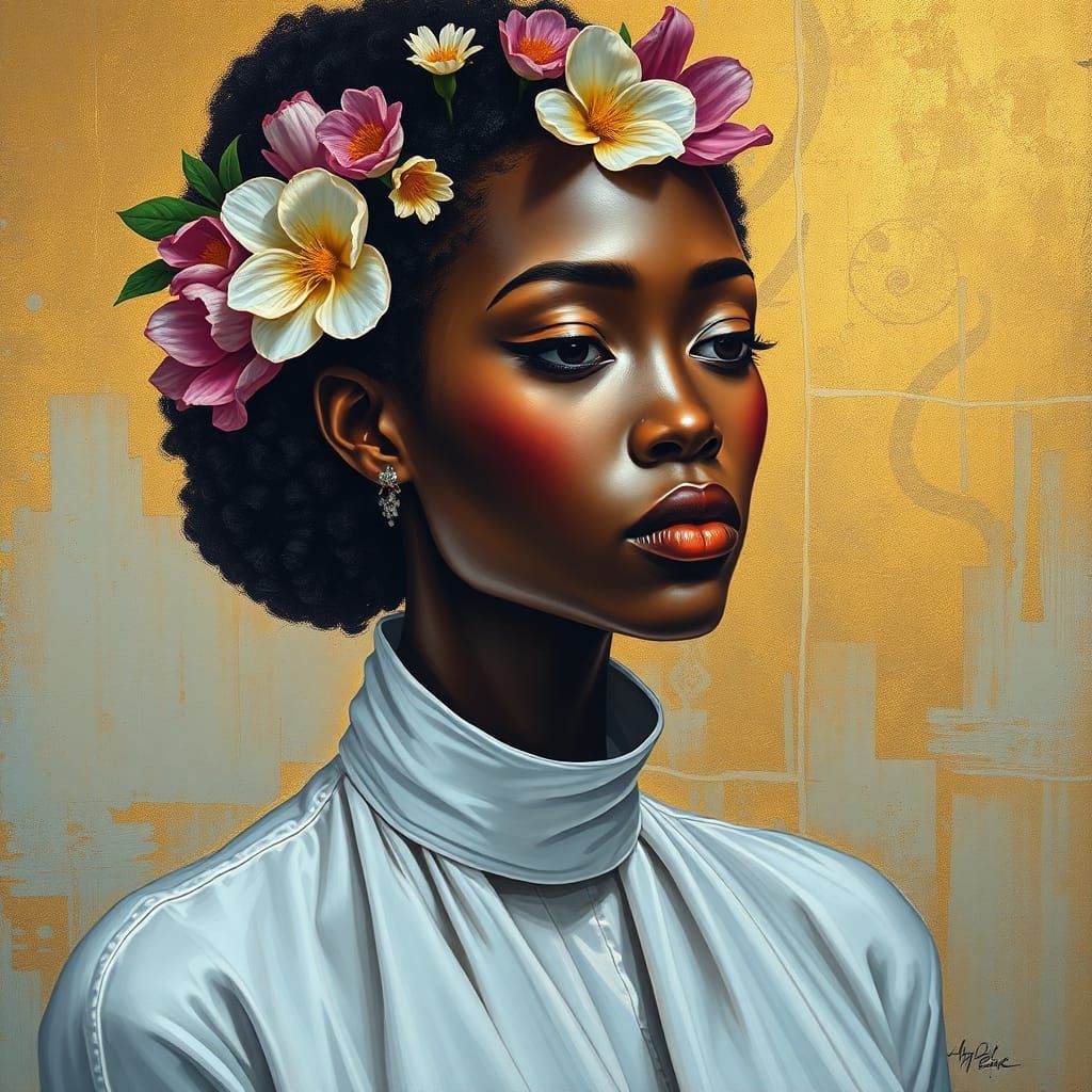 Pensive Woman with Flowers, Abstract Portrait
