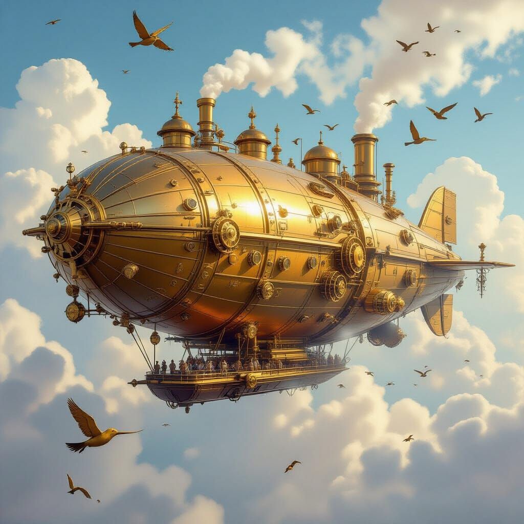 Steampunk Airship Soaring Through Cloudy Skies