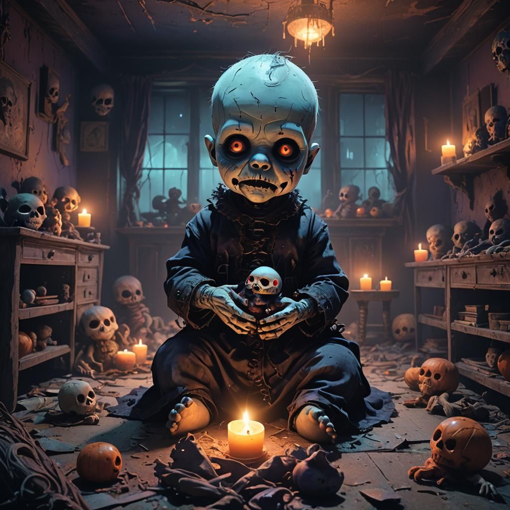 Spooky Undead Baby with Glowing Toy in Nursery