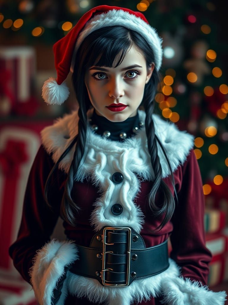 Steampunk Wednesday Addams in Elegant Christmas Santa Attire