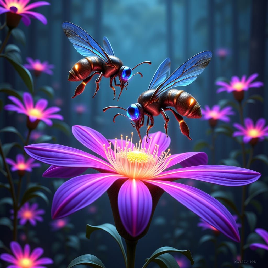 Bionic Bees with Glowing Sensors Around Bioluminescent Flowe...