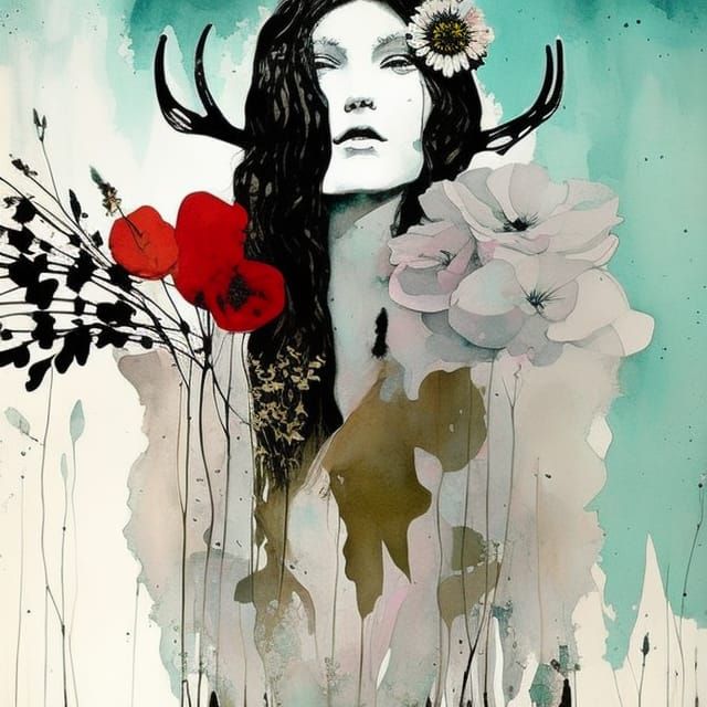 Ghost Woman with Antlers and Flowers: Sinister Fine Art
