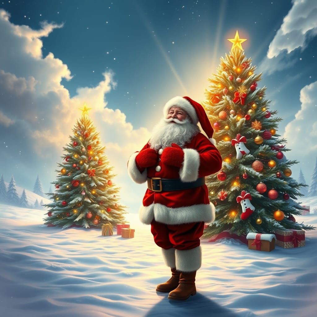 Joyful Santa Claus Adorns Christmas Tree with Sparkling Orna...