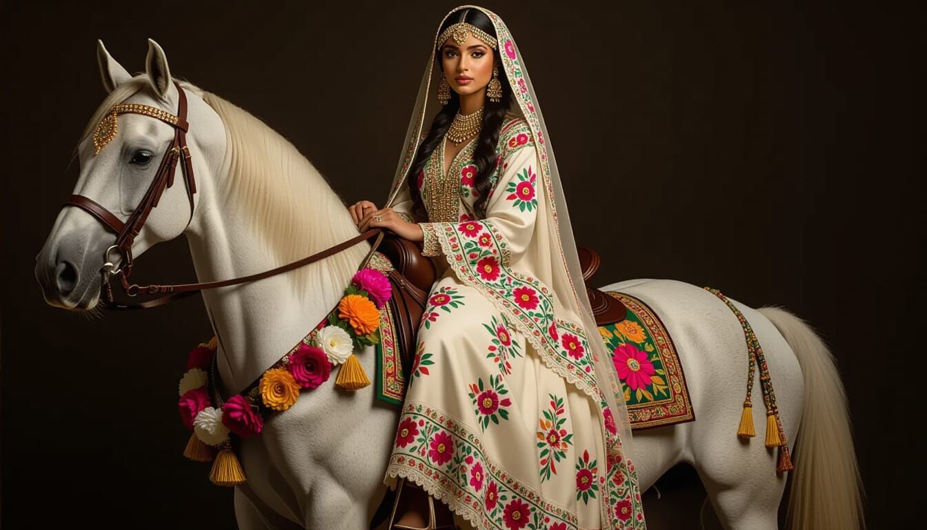 Arabic Woman on White Horse in Ornate Digital Art