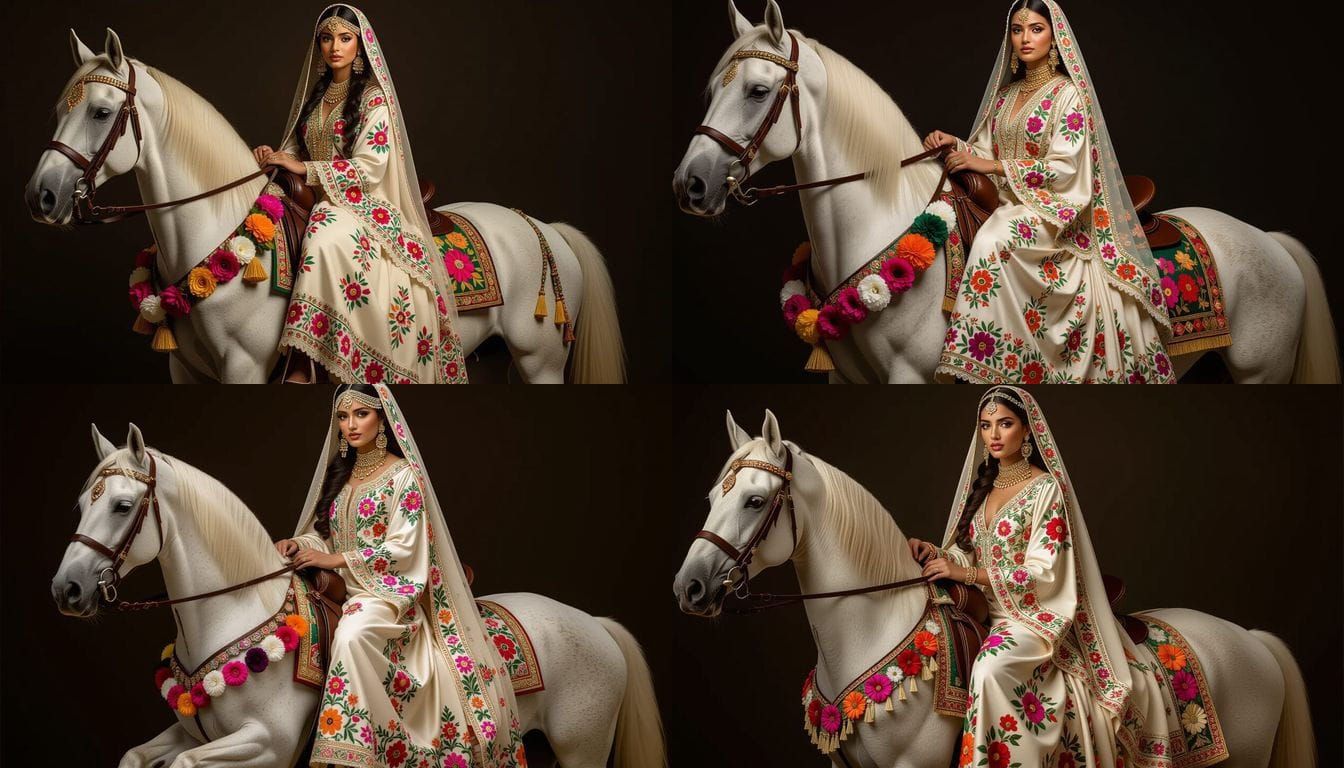 Arabic Woman on White Horse with Floral Embellishments
