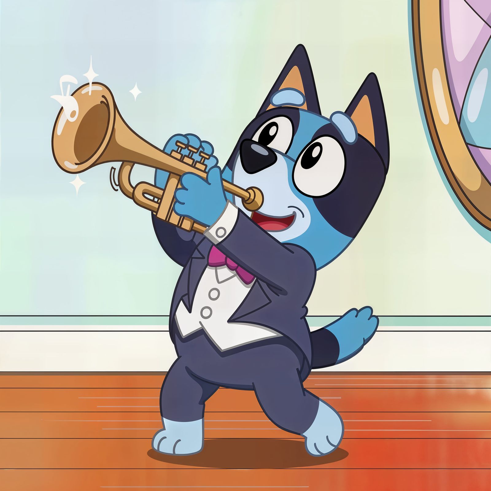 Bluey Trumpet Player in Vibrant Anime Style