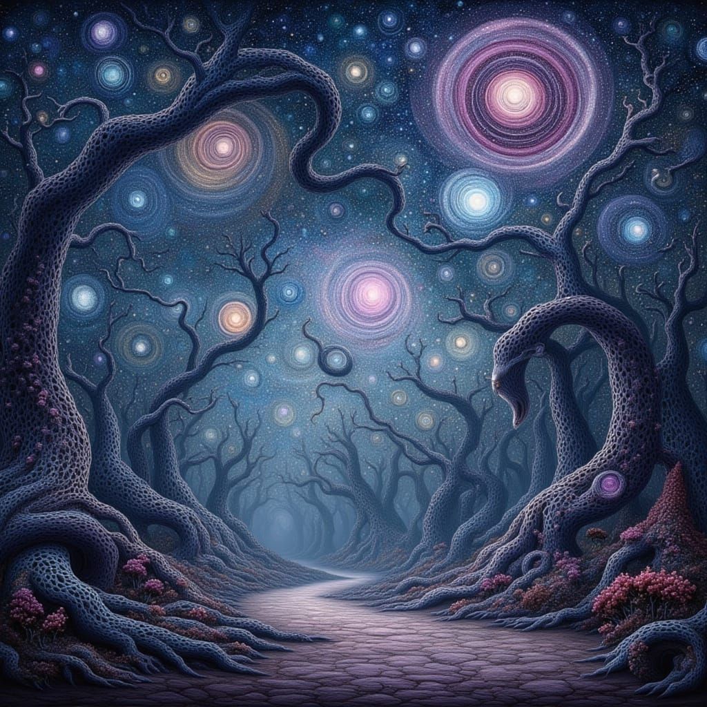 Surreal Twilight Forest Unites with Celestial Harmony