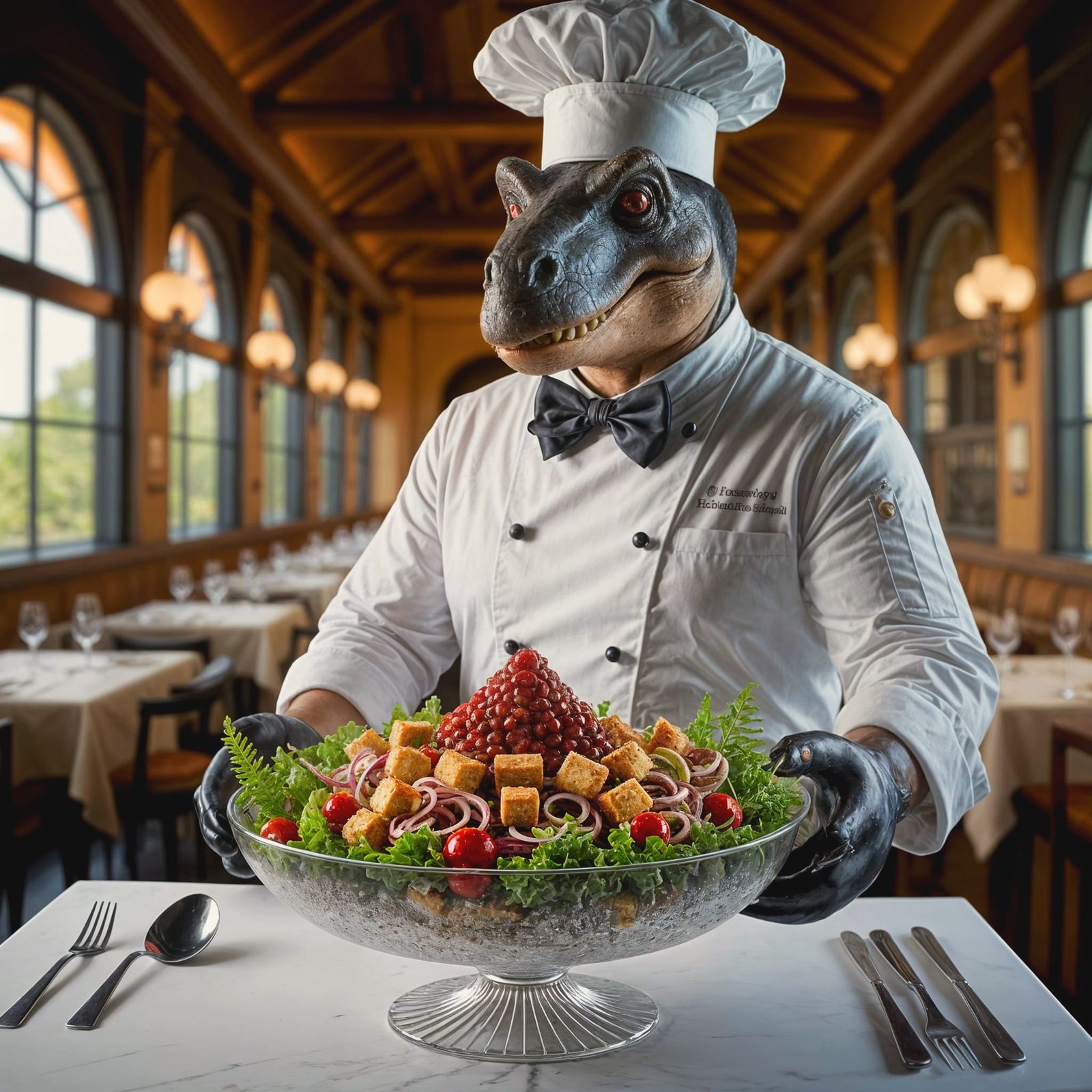 Brontosaurus Chef Presents Exquisite Salad