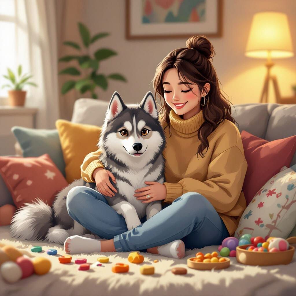 Cozy Living Room Scene with Husky Pet, Digital Illustration