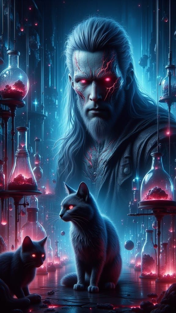 Man in Lab with Menacing Animals in Spray Paint Style