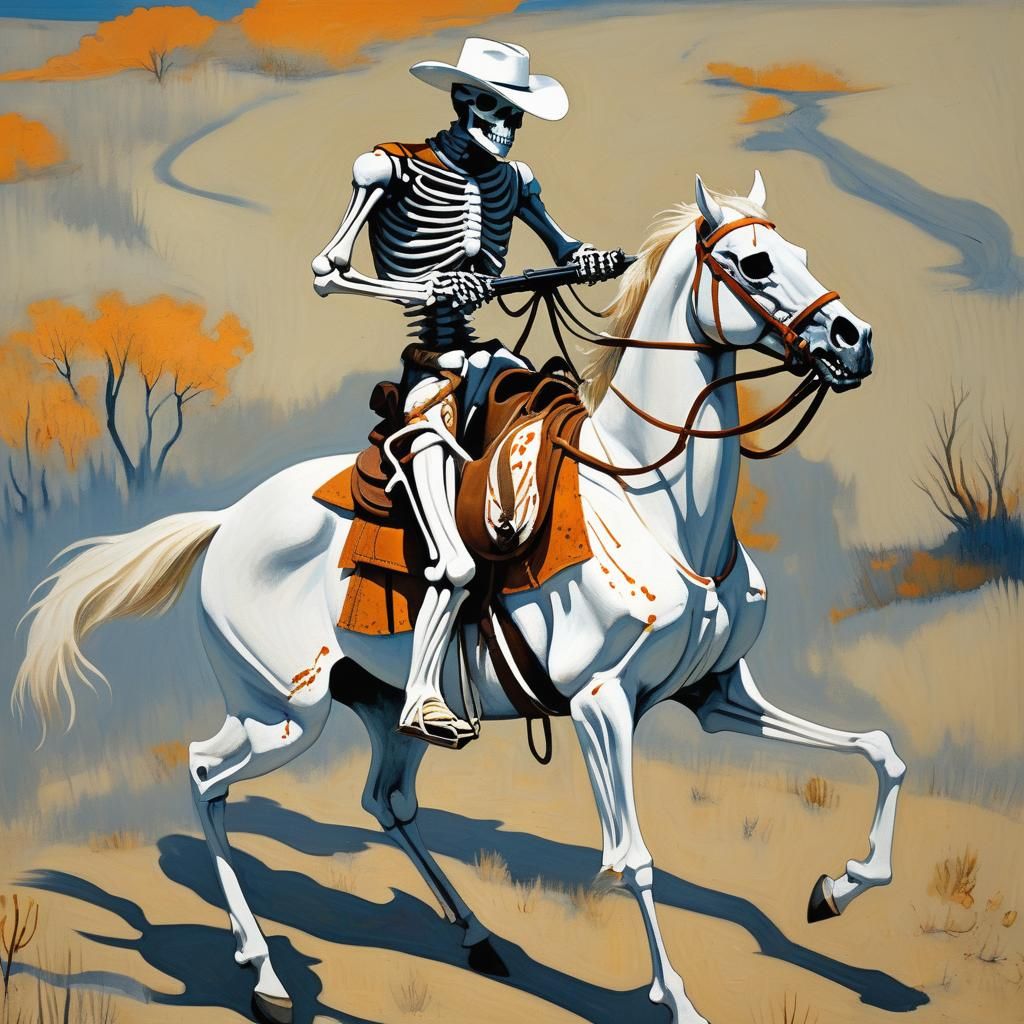 Skeleton Cowboy on Horse in Expressionist Western Gothic