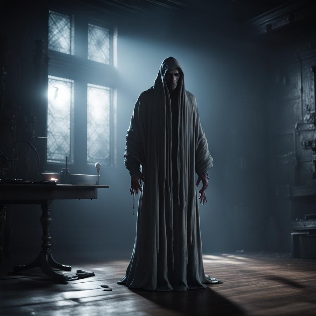 Ethereal Male Ghost in Dark Room: 3D Render