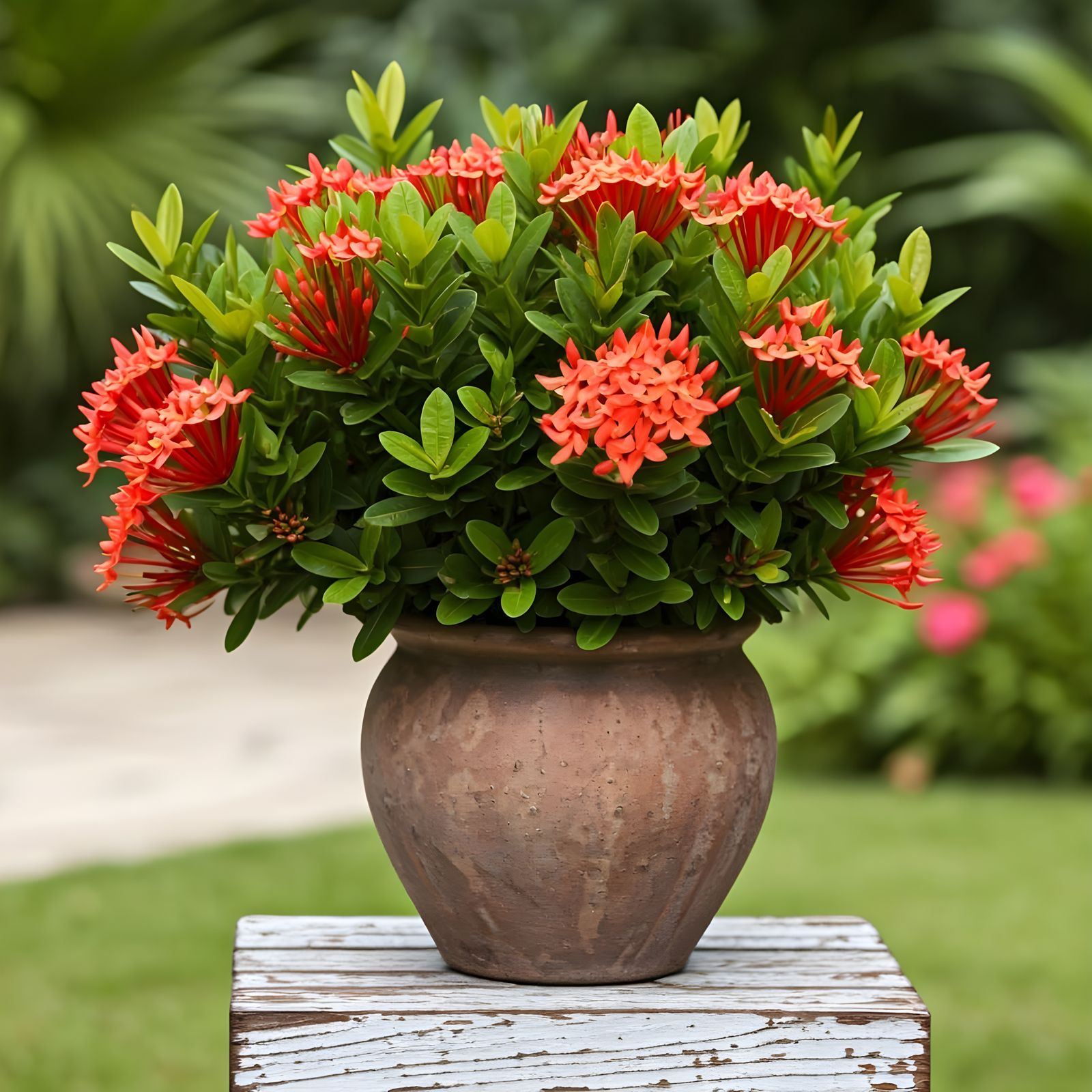 Ixora Plant in Bloom: A Burst of Red