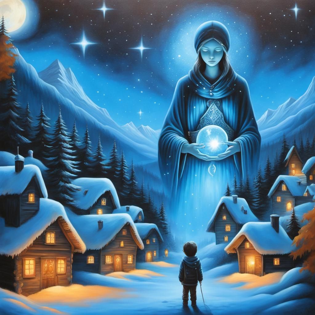 Image: Sternenacht über einem Bergdorf mit Madonna und Kind. Similar Andy Kehoe und Amanda Clark. (2)