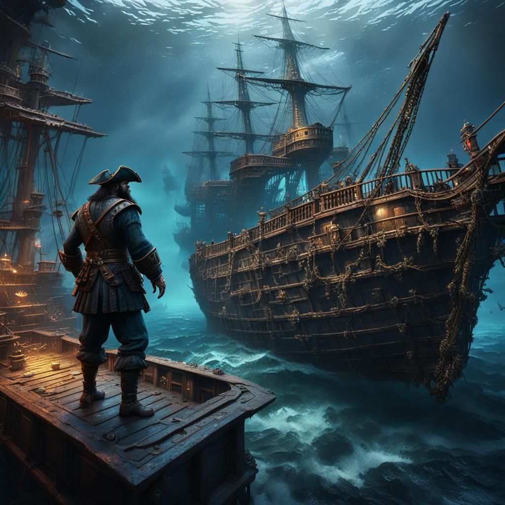 Blackbeard on Sunken Ship: Detailed Matte Painting
