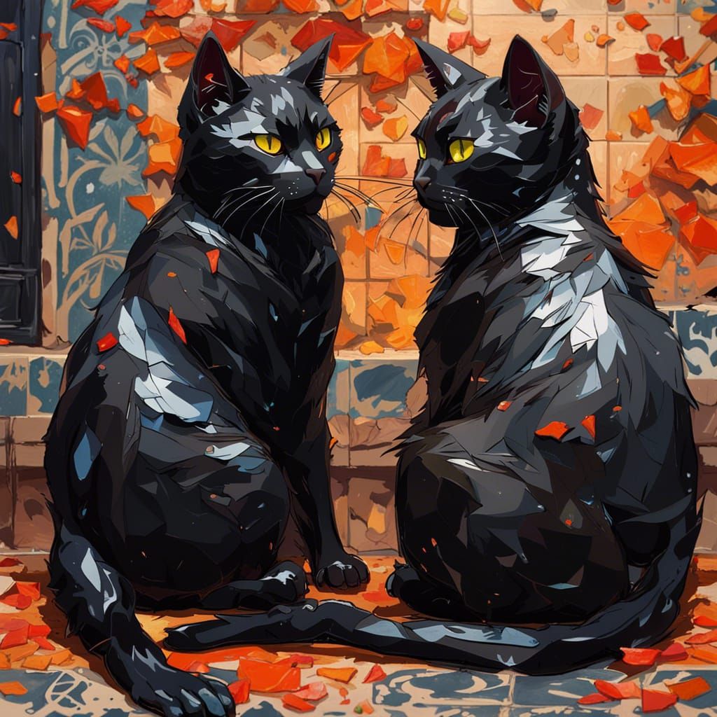 Two Black Cats as Detailed Anime Tile Art