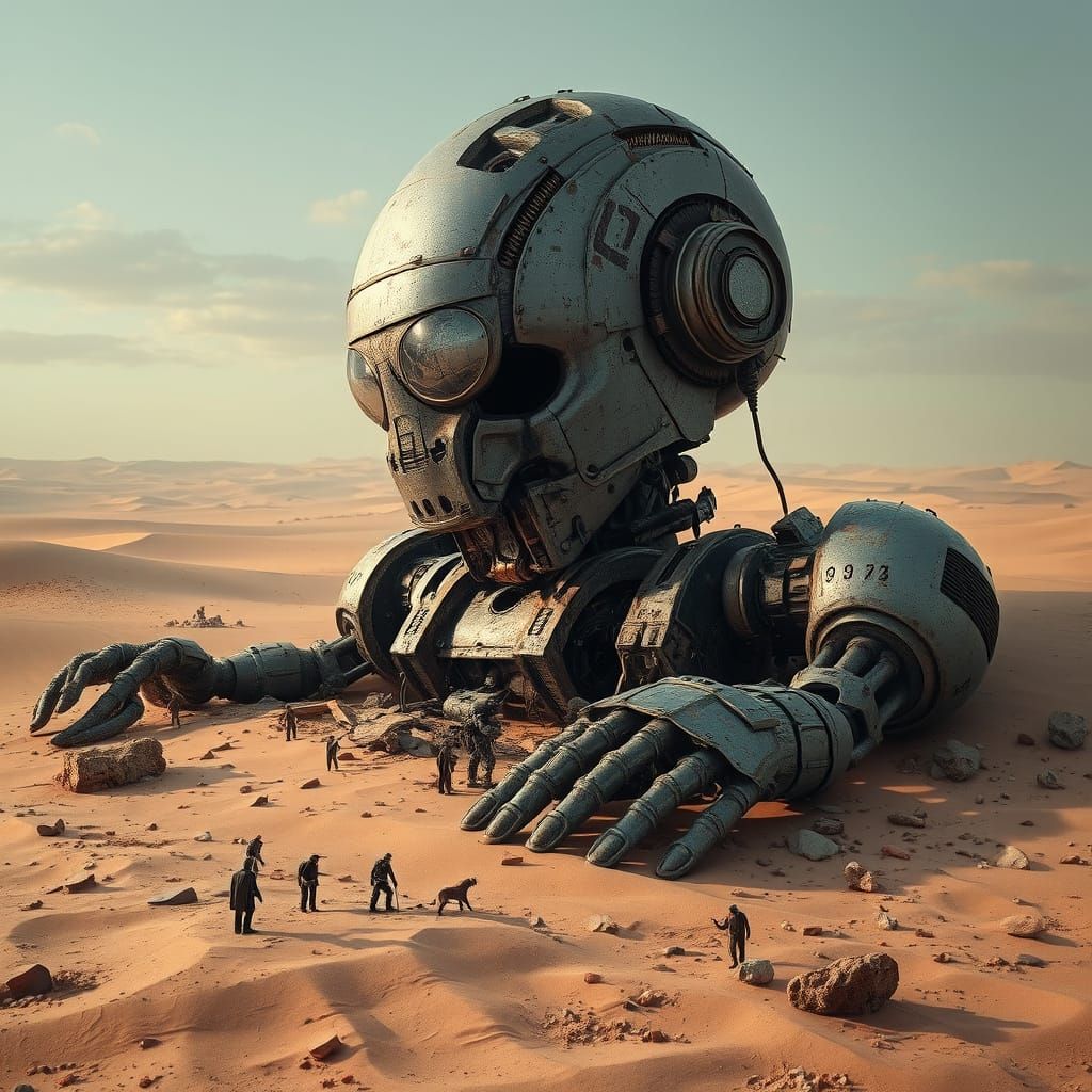 Colossal Robot in Desert: Dystopian Sci-Fi Art