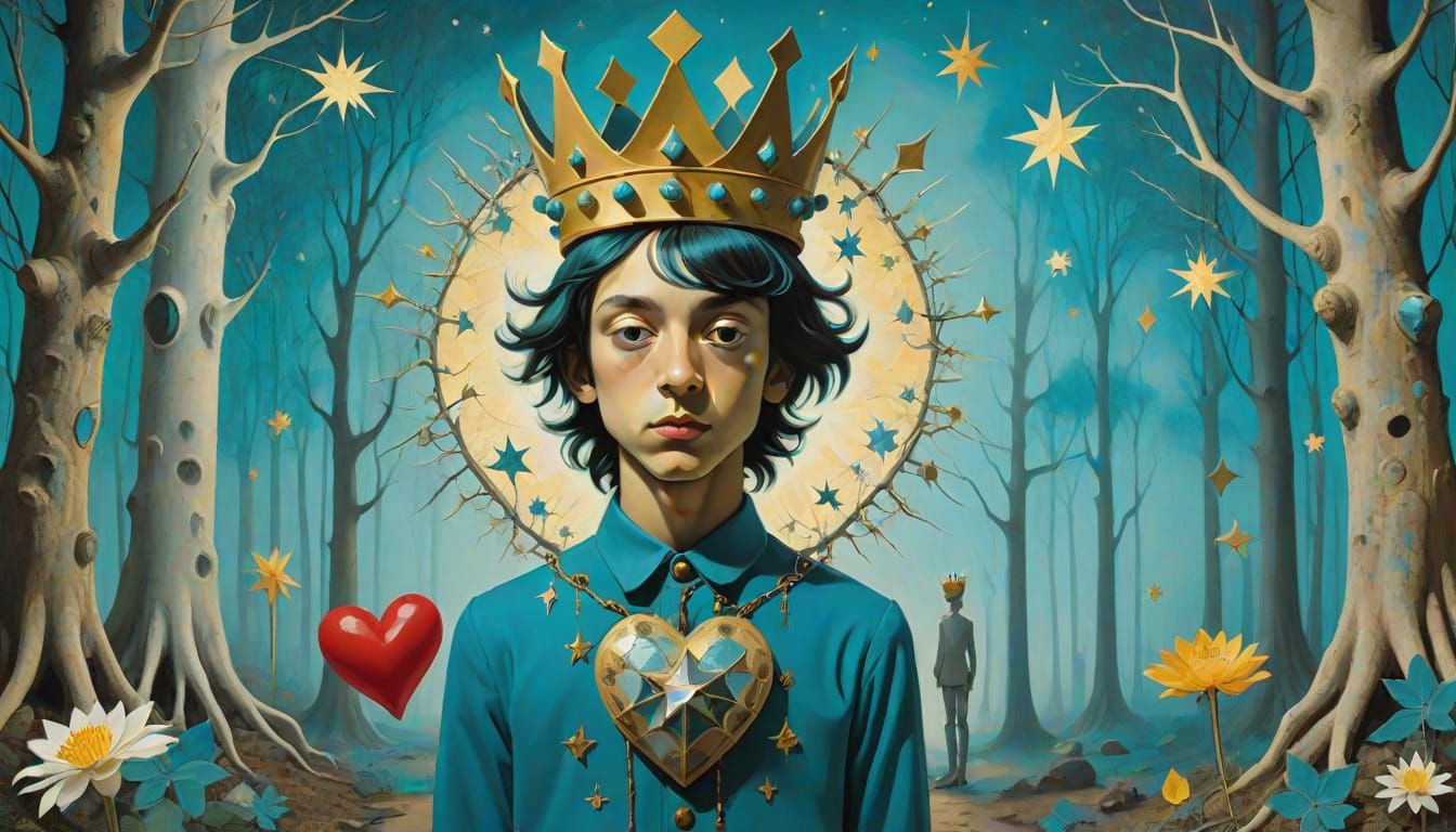 Surreal Prince in Mystical Forest, Cubist-Inspired