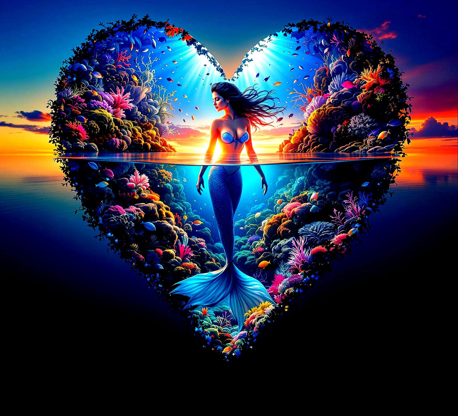 Surreal Underwater Fantasy with Mermaid and Reef