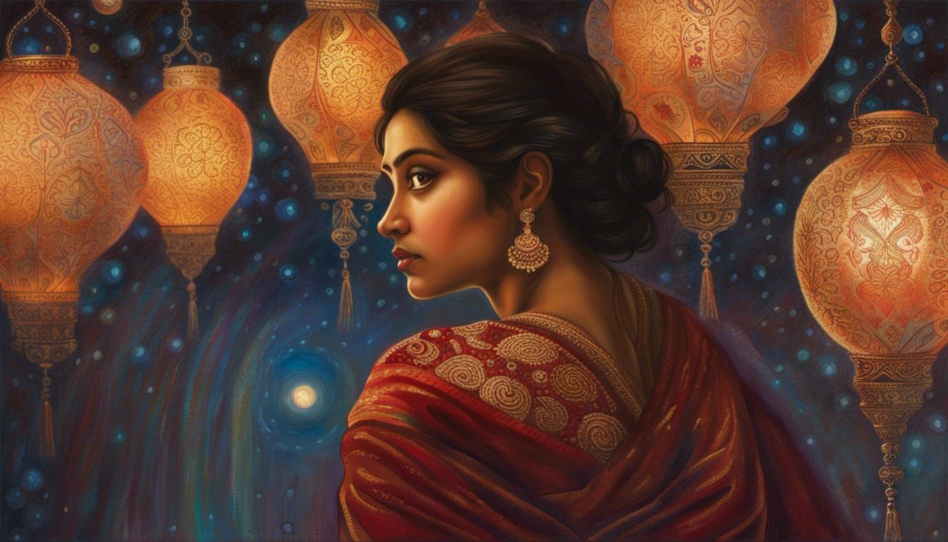 16k resolution, an Indian woman in a zari-embroidered saree,...