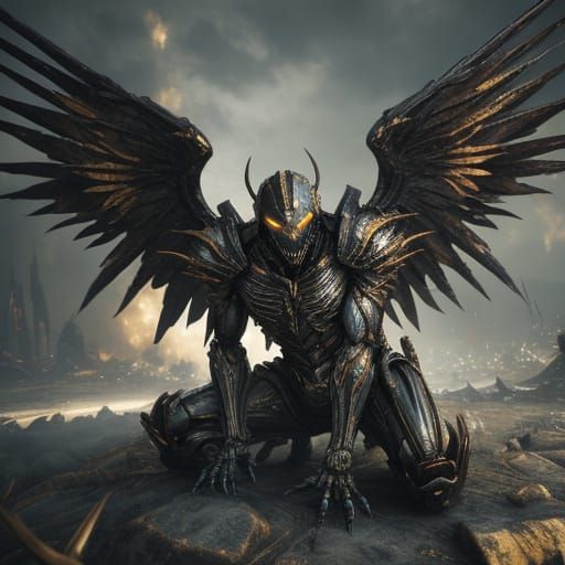Fallen Angel Kneeling in Wasteland in Dark Fantasy Art