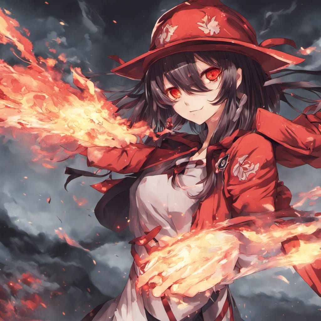 Anime Fire Girl with Red Eyes