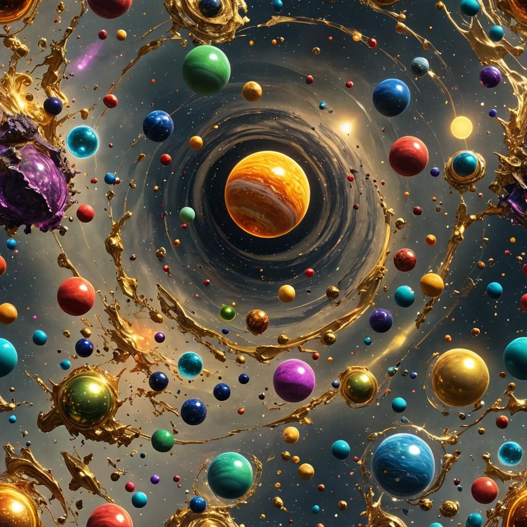 Vibrant Metallic Galaxy with Planets in 3D