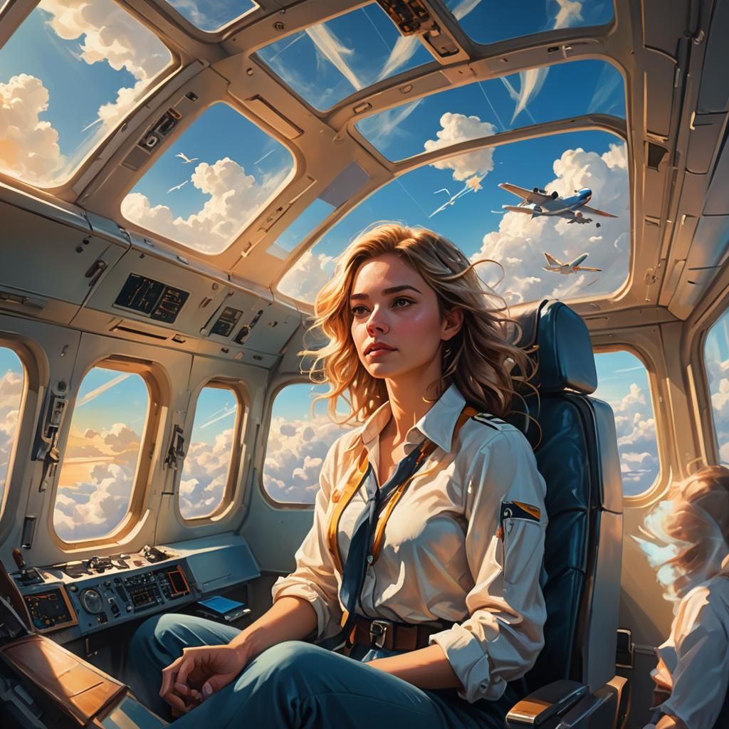 Girl Flies Airplane: Vibrant Oil Painting Style