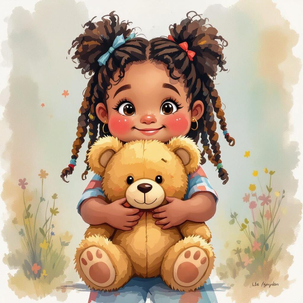African American Girl With Teddy Bear in Watercolor Style