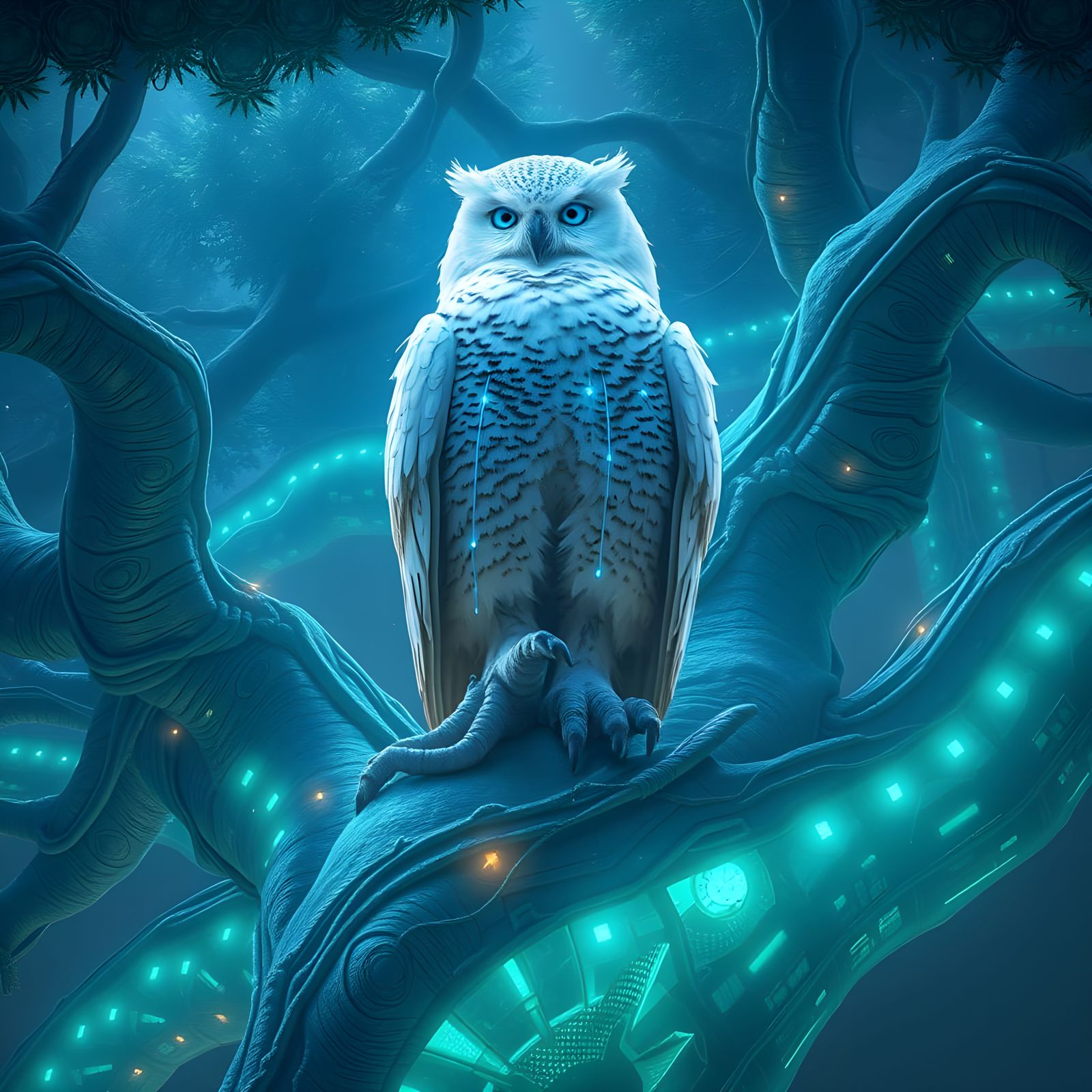 Cyberpunk Snowy Owl Reigns Over Futuristic Forest