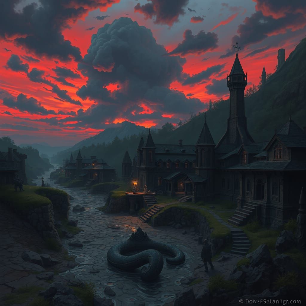 Eerie Serpent Town at Dusk in Digital Art Style