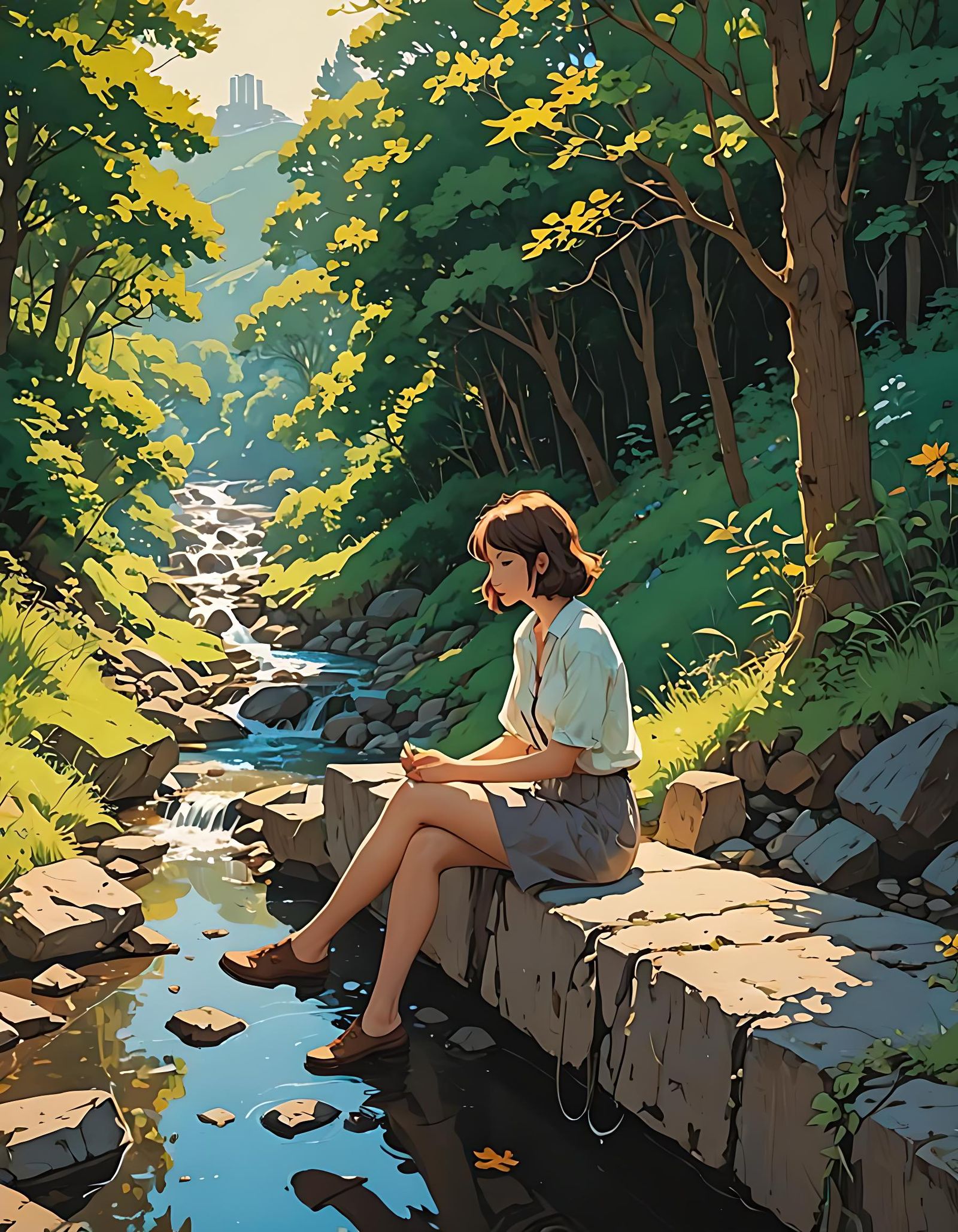 Woman by Stream in Retro Anime Style