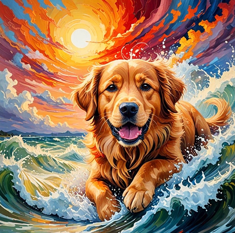 Vibrant Victorian Landscape with Golden Retriever in Sunset ...