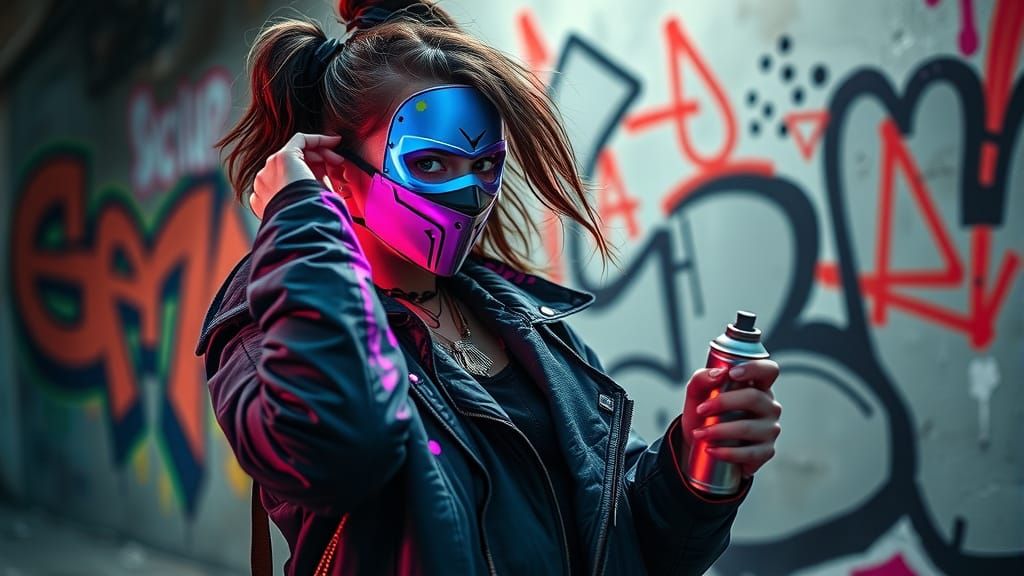Dynamic Portrait of a Street Artist in Cyberpunk Style