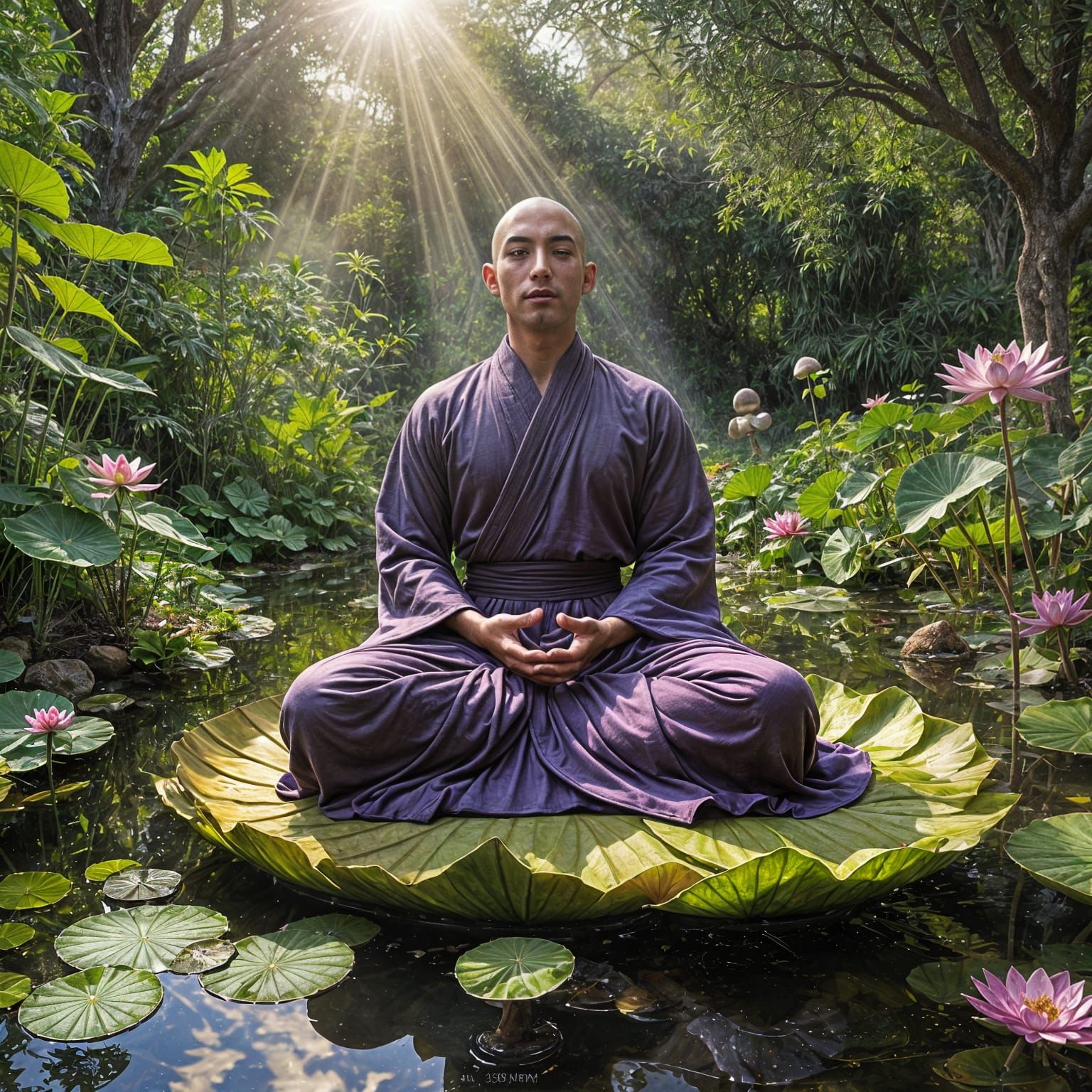 Monk Levitating in a Psychedelic Garden
