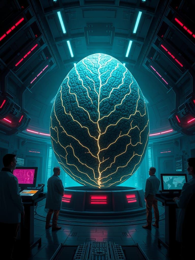 Bioluminescent Egg in Cyberpunk Incubation Chamber
