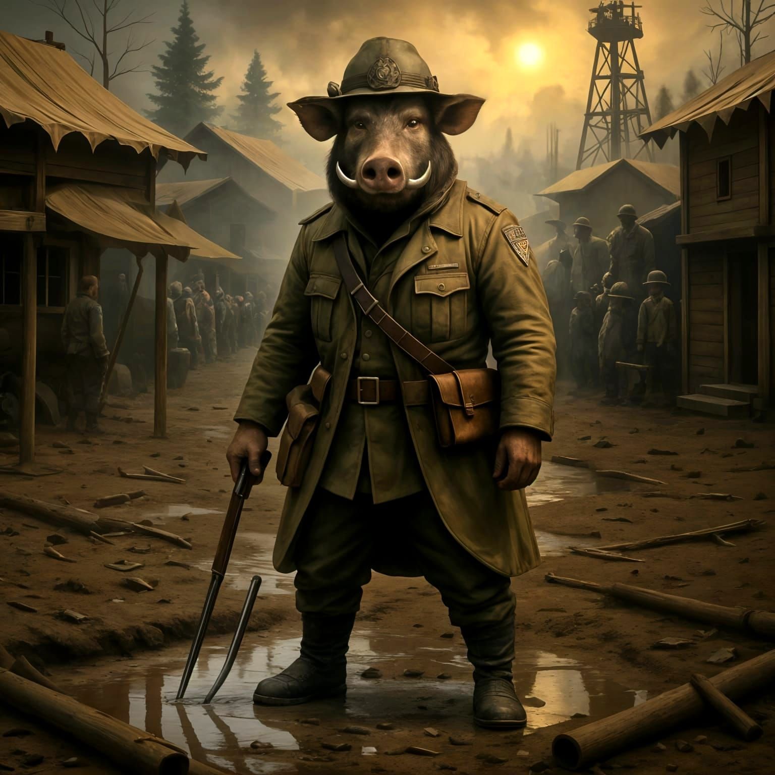 Wild Boar Drill Sergeant in Gritty Military Camp