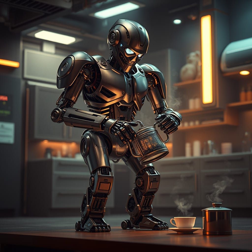 Pixel Art Sci-Fi Robot Pours Tea in Futuristic Kitchen