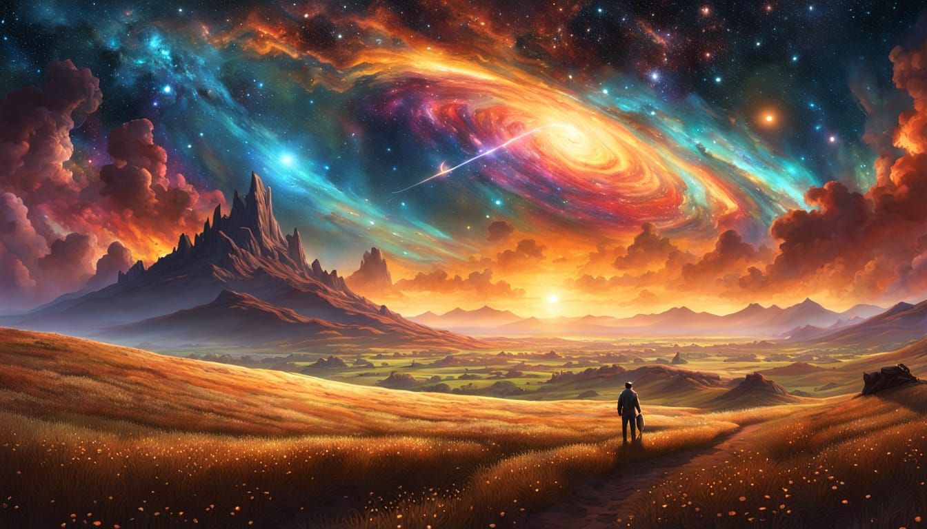 Farmer Gazing at Cosmic Sky in Golden Hour