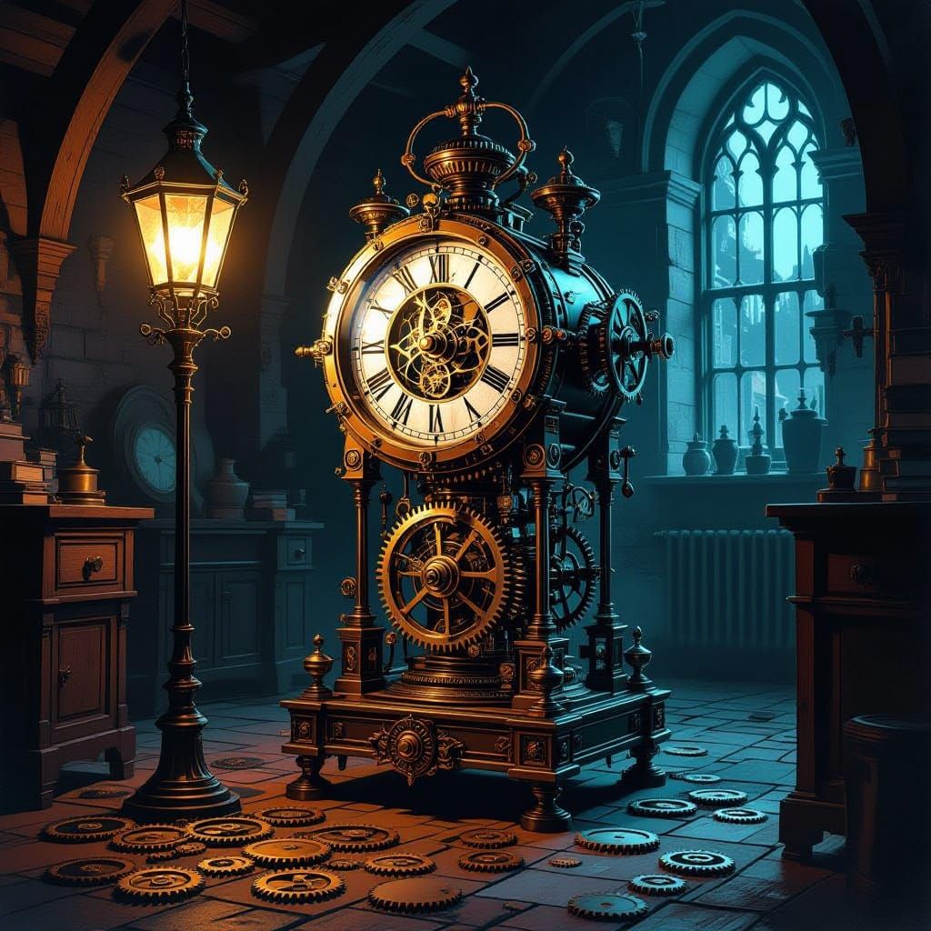 Clockwork Automaton in Victorian Workshop Ink Drawing