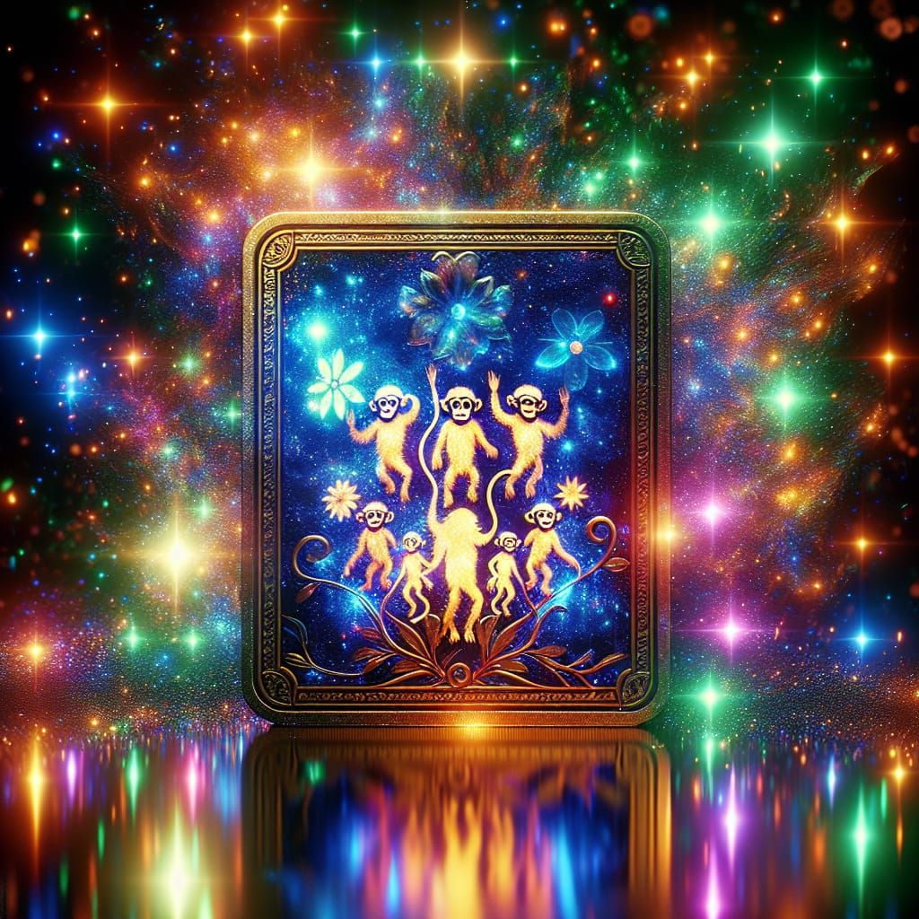 create a stunning 4k glossy mystical glowing play card Monke...