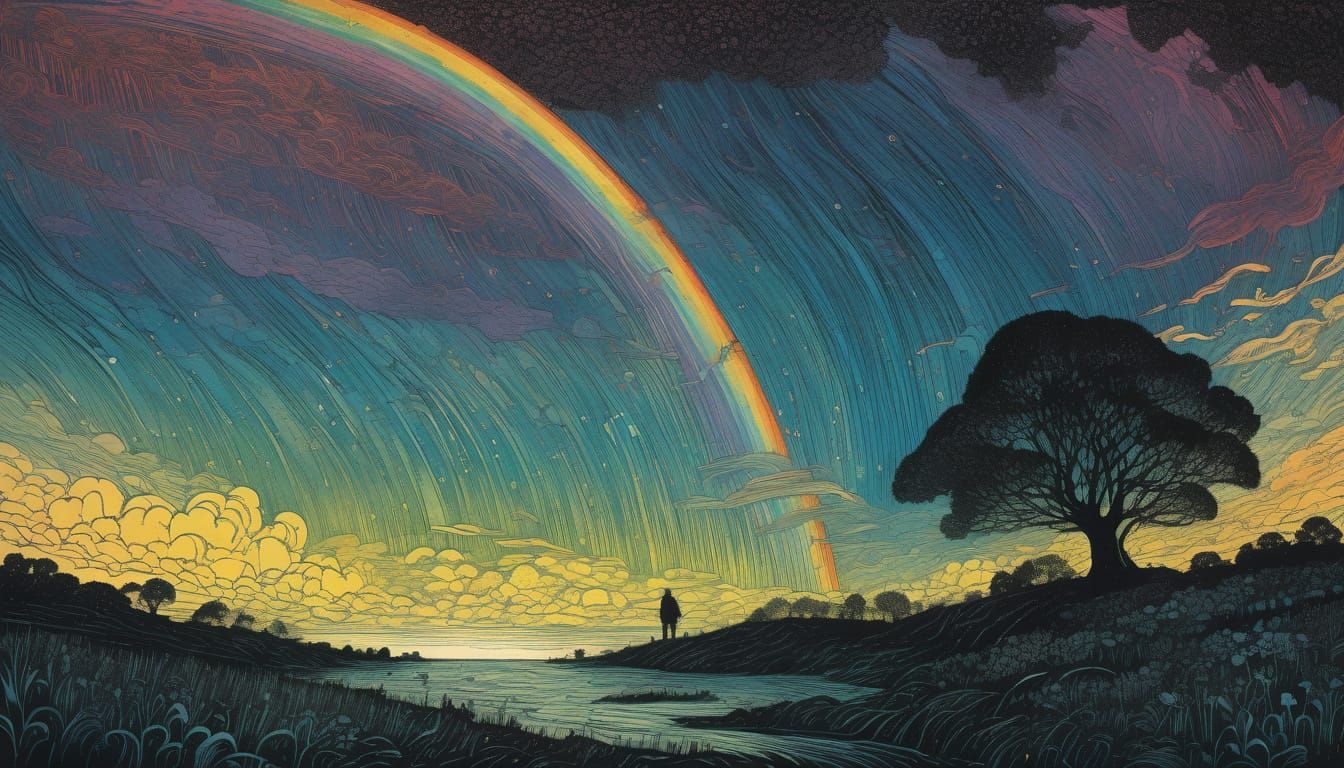 Surreal Rainbow Emerges from Turbulent Stormy Skies in Etchi...