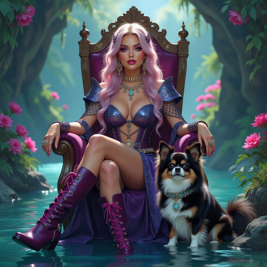 An image of an underground stream, foliage, vast pink flower...