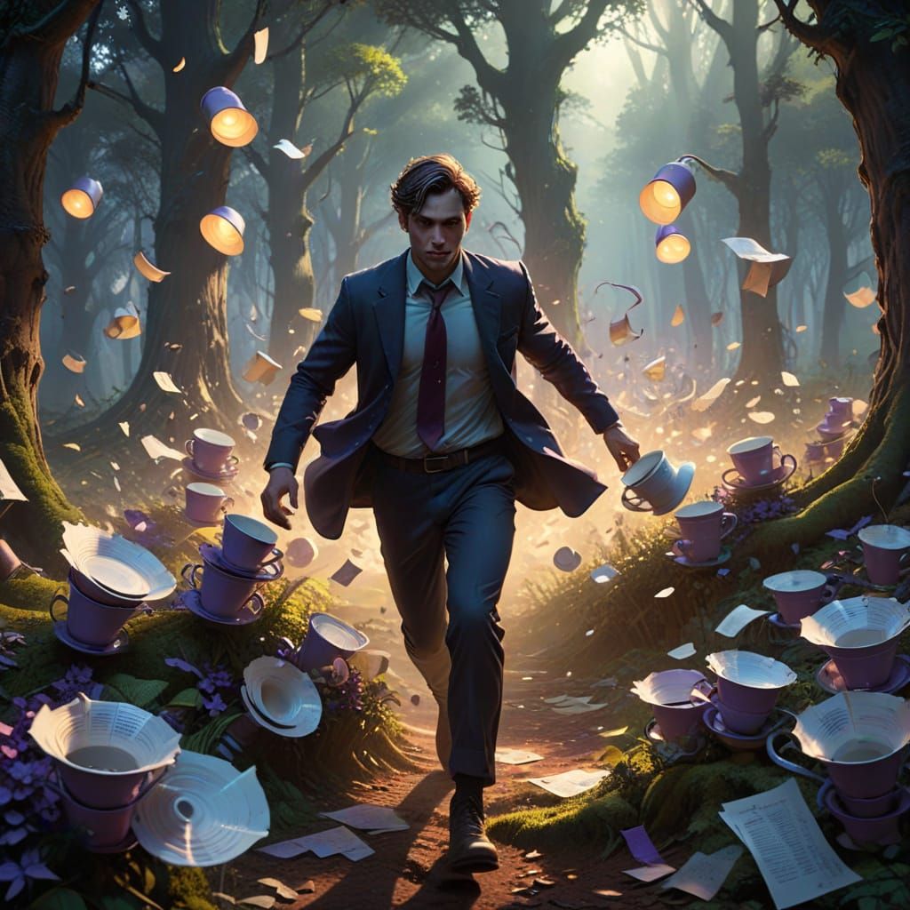 Mystical Office Worker in Whirlwind of Coffee and Chaos