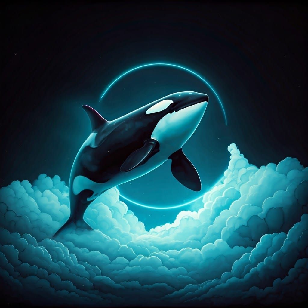 Cyberpunk Orca Emerges from Fuzzy Neon Clouds