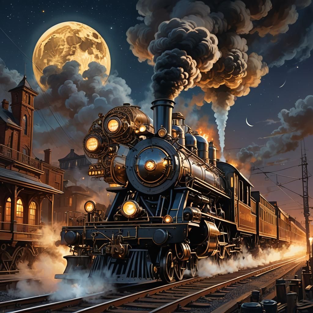 Steampunk Locomotive Under Moonlight