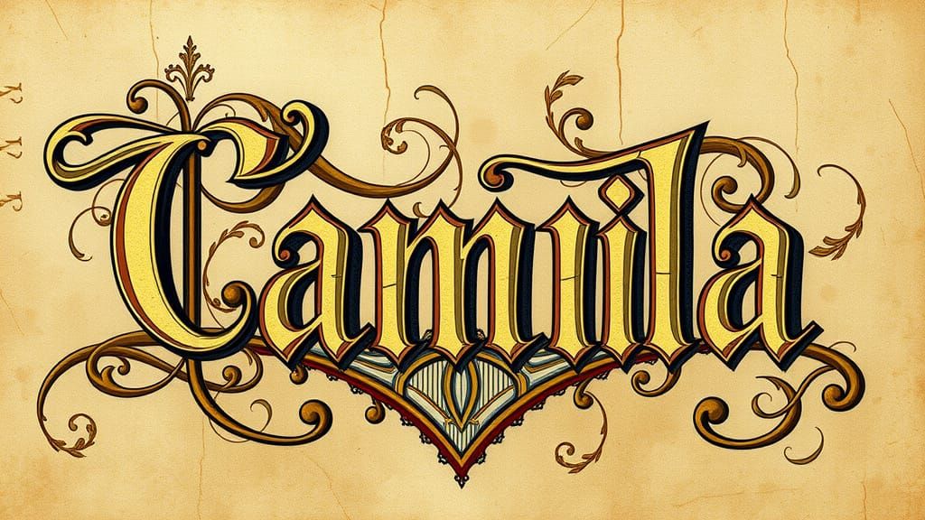 Gothic Calligraphy Art of Camila with Dark Ink Splatters