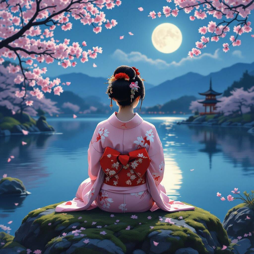 Japanese Woman Admires Moonlit Lake in Ukiyo-e Style