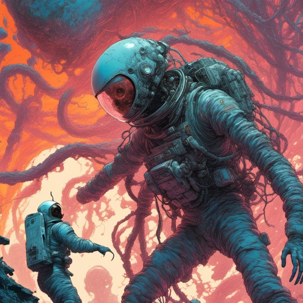 Astronaut Battles Alien in Space Horror Digital Art