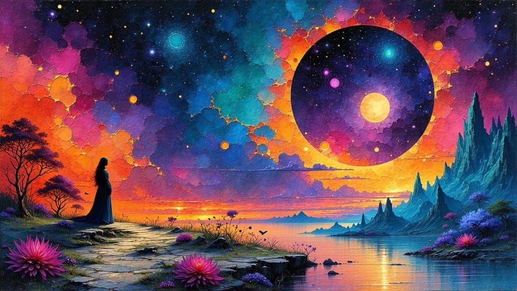 Cosmic Dreamscape in Vibrant Holographic Style